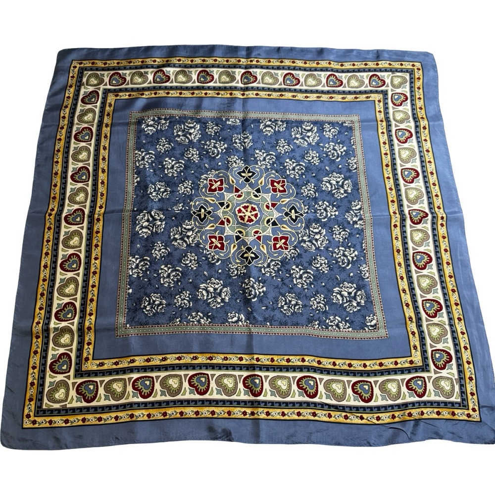 New York Studio Silk Scarf Womens OS Blue Excellent Vintage Floral Heart 90s